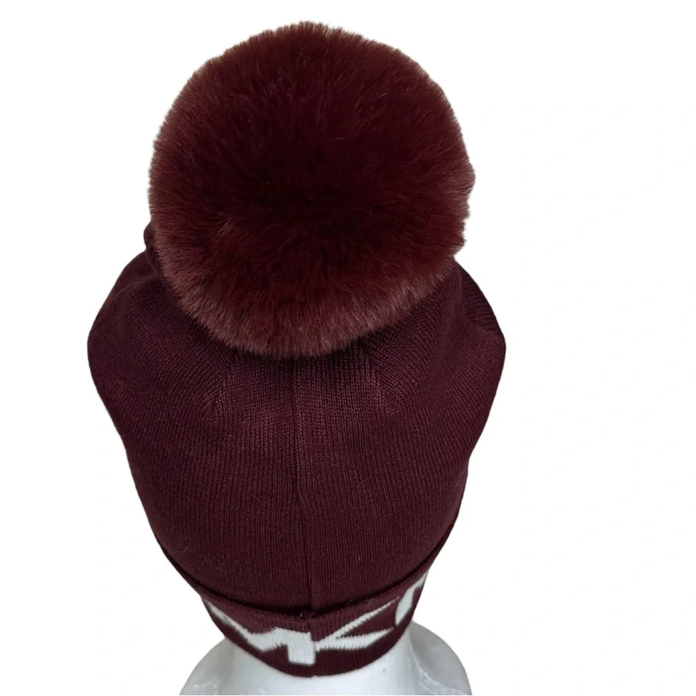 Michael Kors Stacked Logos Knit Hat Beanie W Pom Pom Maroon White
